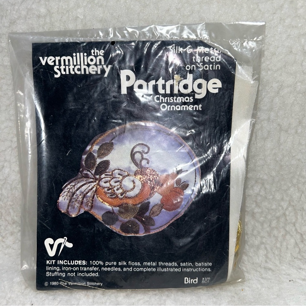 The Vermillion Stitchery Partridge bird Christmas ornament kit 1980 silk thread